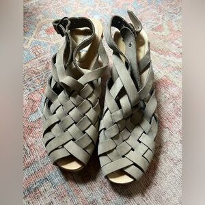 Woven Strappy Leather Wood Clog Heeled Sandals